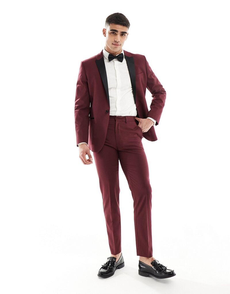 

Бордовые узкие брюки-смокинг ASOS DESIGN