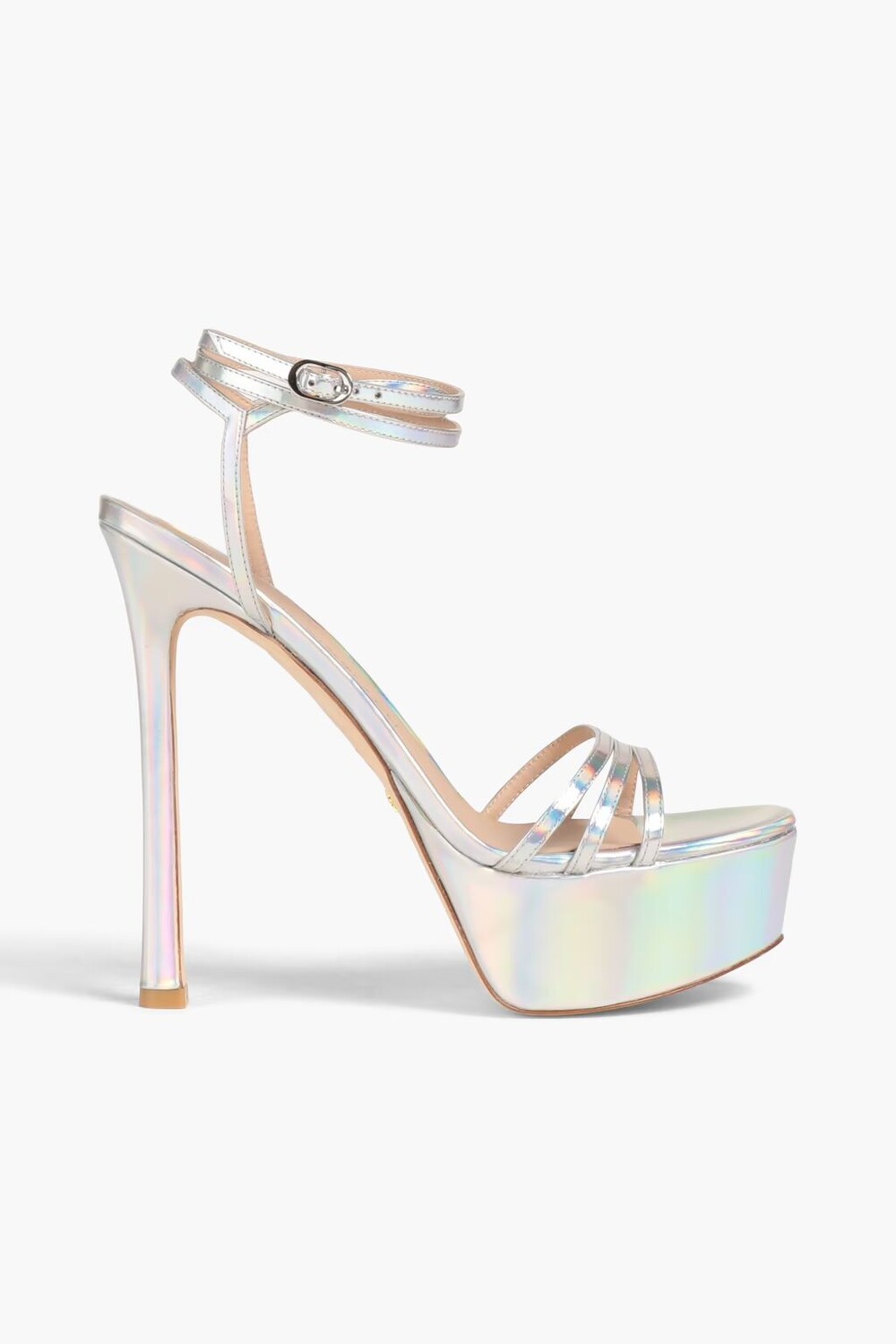 

Босоножки Soiree 145 на платформе из кожи с переливающимся эффектом Stuart Weitzman, серебро