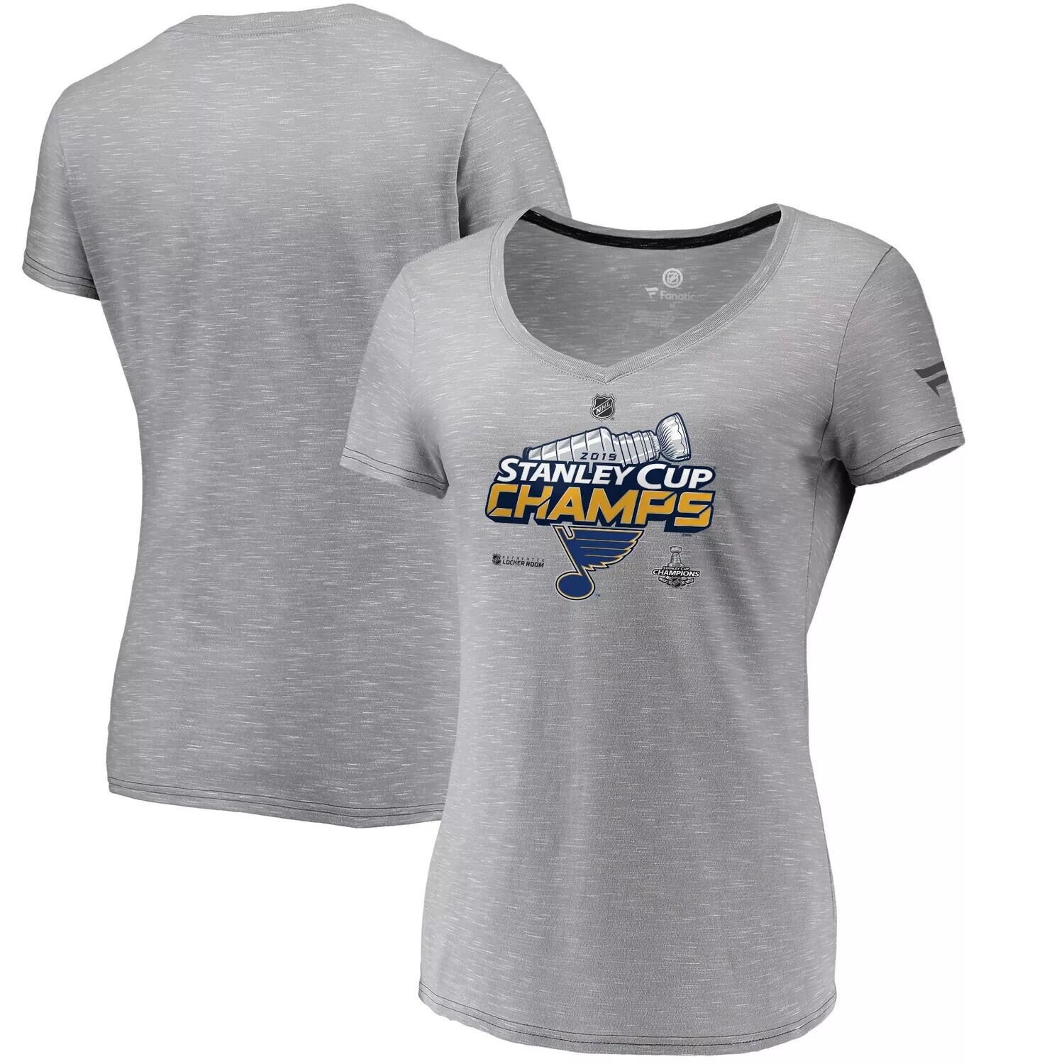 

Женская серая футболка Fanatics с логотипом St. Louis Blues, Кубок Стэнли Чемпионов 2019, раздевалка с v-образным вырезом Fanatics, Серый