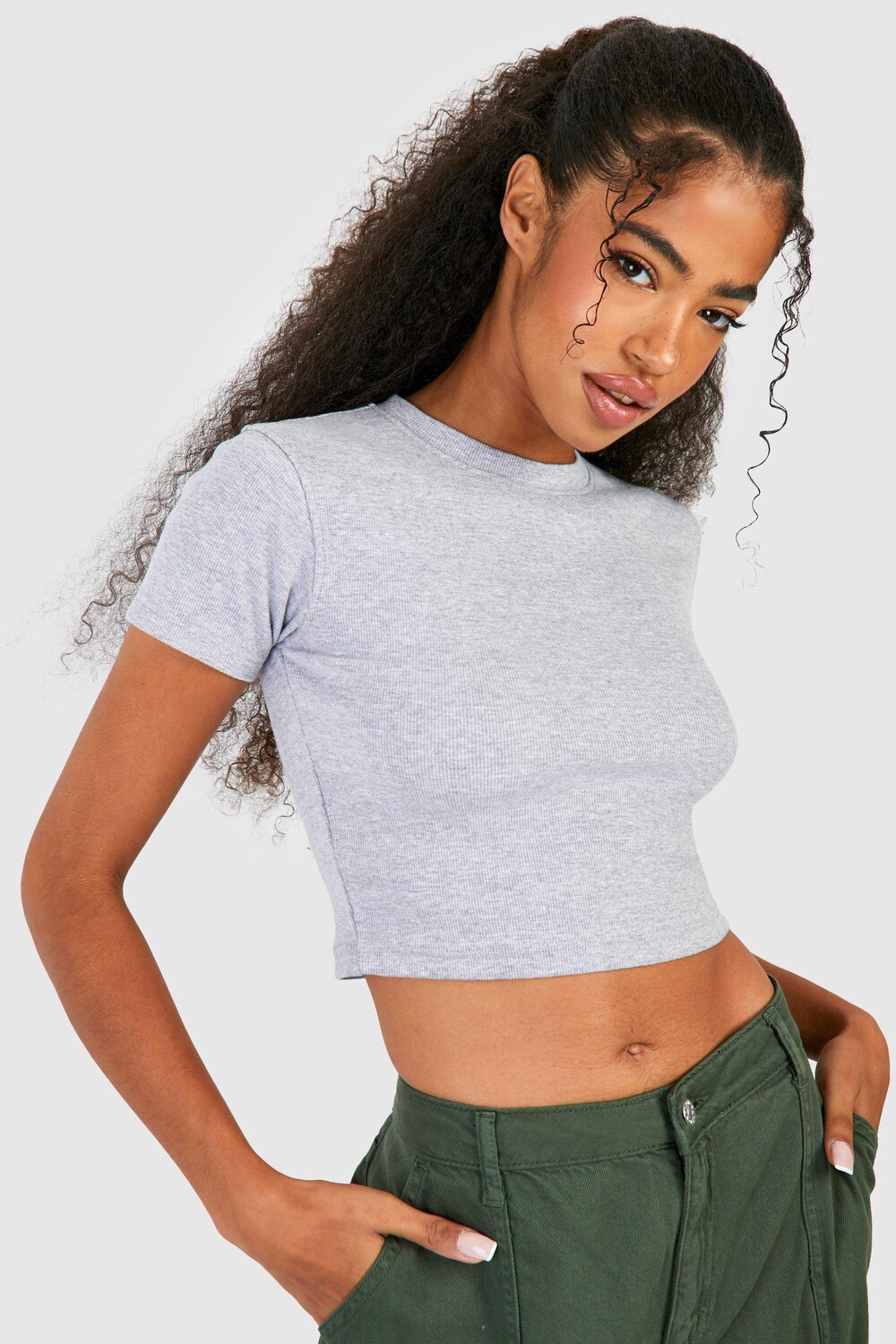 

Укороченный топ с круглым вырезом basic rib с короткими рукавами Boohoo, серый