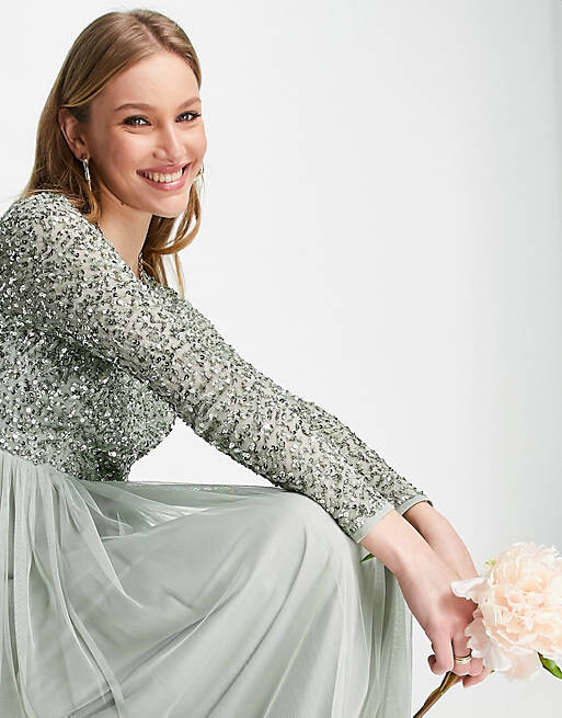

Платье макси из тюля Maya Bridesmaid с длинными рукавами и нежными пайетками в тон шалфейного цвета