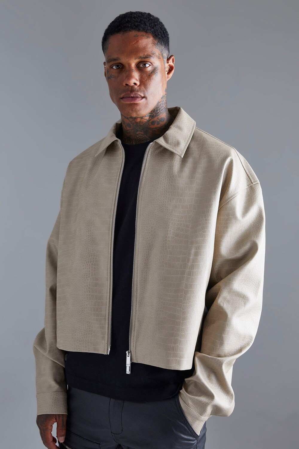 

Куртка harrington из искусственной кожи croc Boohoo, серый