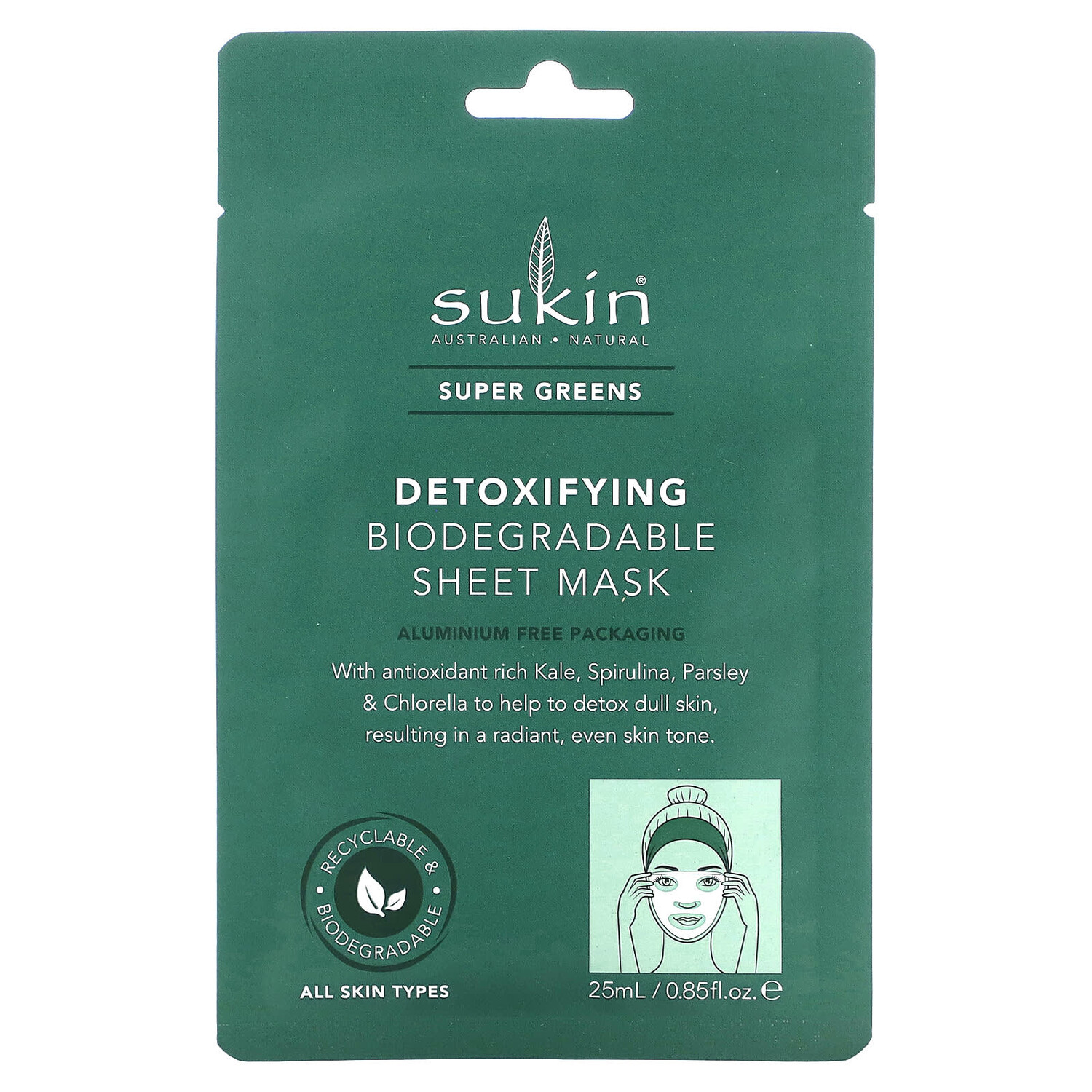 

Super Greens, детоксифицирующая биоразлагаемая тканевая маска, 1 шт., 25 мл (0,85 жидк. Унции), Sukin