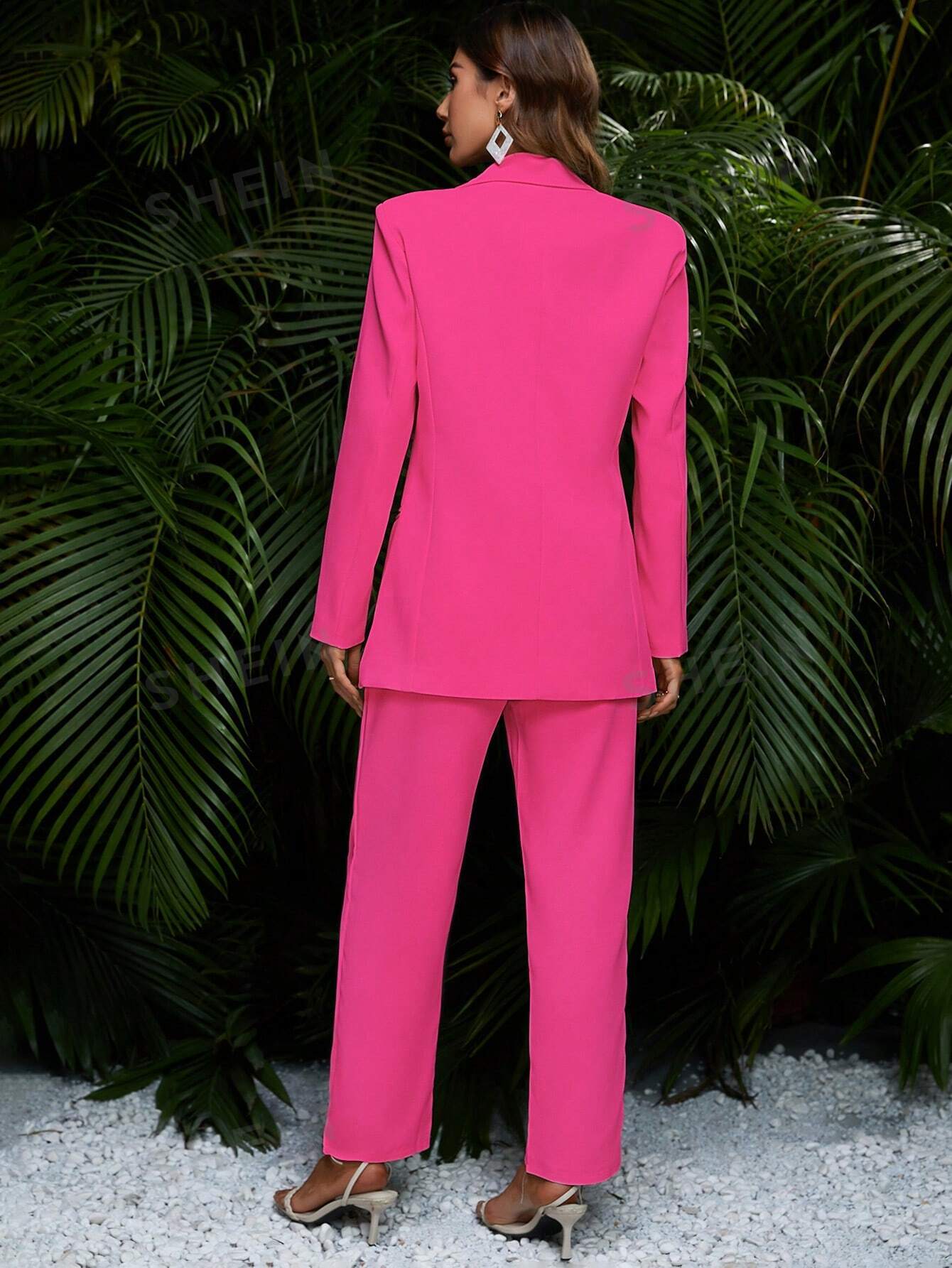 SHEIN Privé Женский однотонный комплект с воротником и длинными рукавами, ярко-розовый