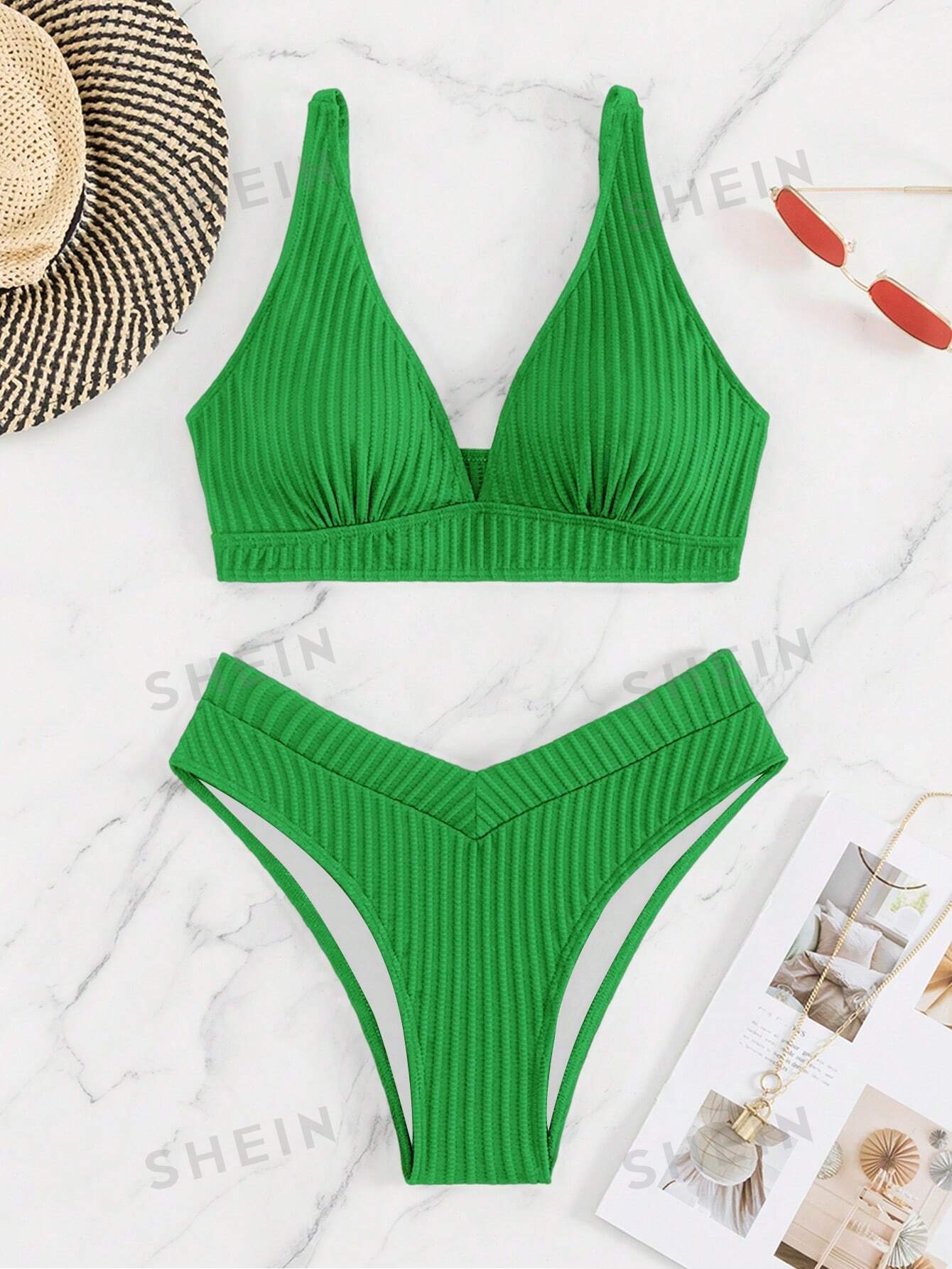 цена SHEIN Swim Basics Женский цельный купальник однотонного дизайна в полоску, зеленый