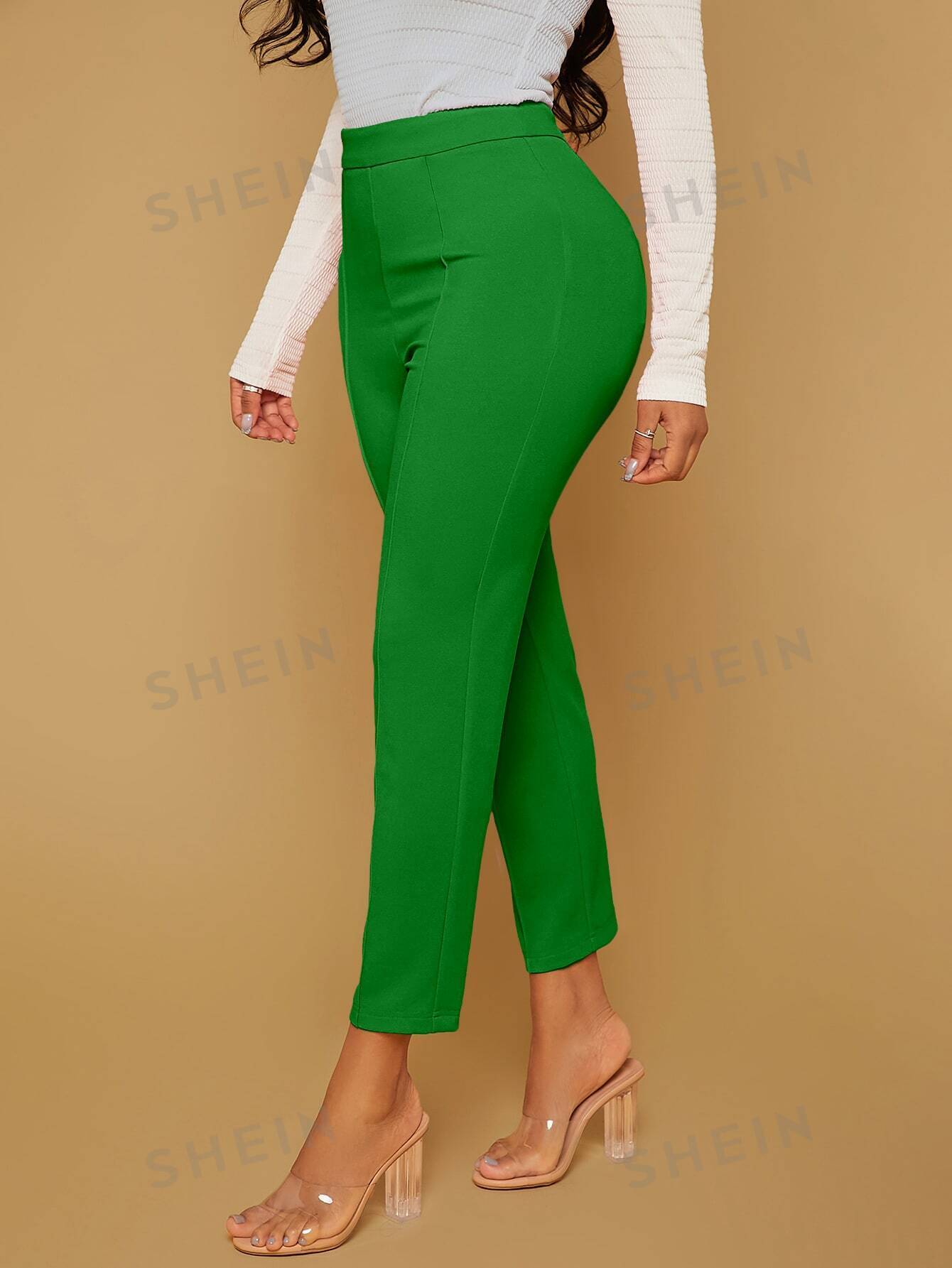 SHEIN SXY Женские однотонные брюки узкого кроя полной длины, зеленый цена и фото