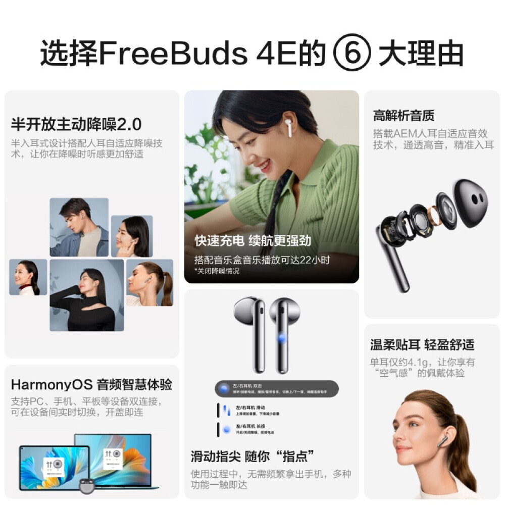 

Bluetooth-гарнитура Huawei FreeBuds 4E с активным шумоподавлением, серебряный