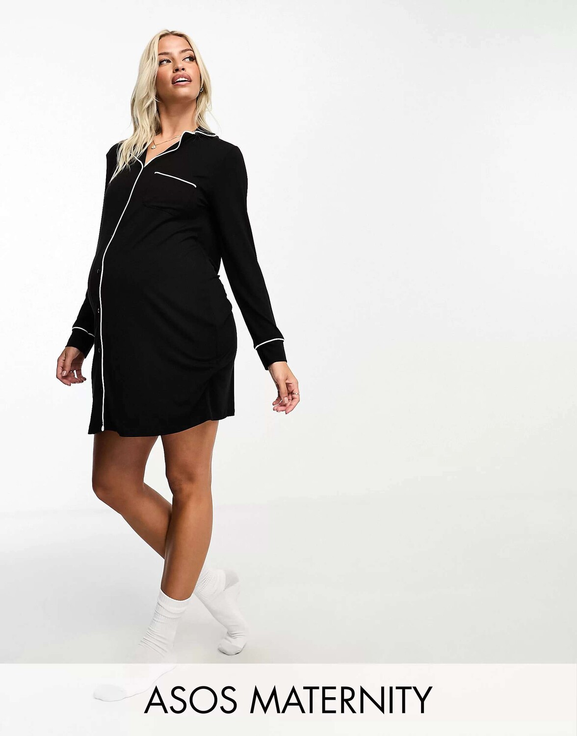 

Черная вискозная рубашка для сна с контрастной окантовкой ASOS DESIGN Maternity