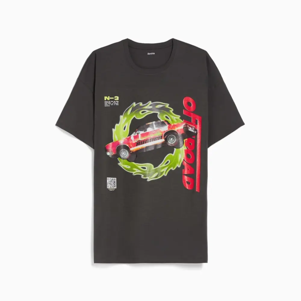 

Футболка Bershka Printed Short Sleeve, темно-серый