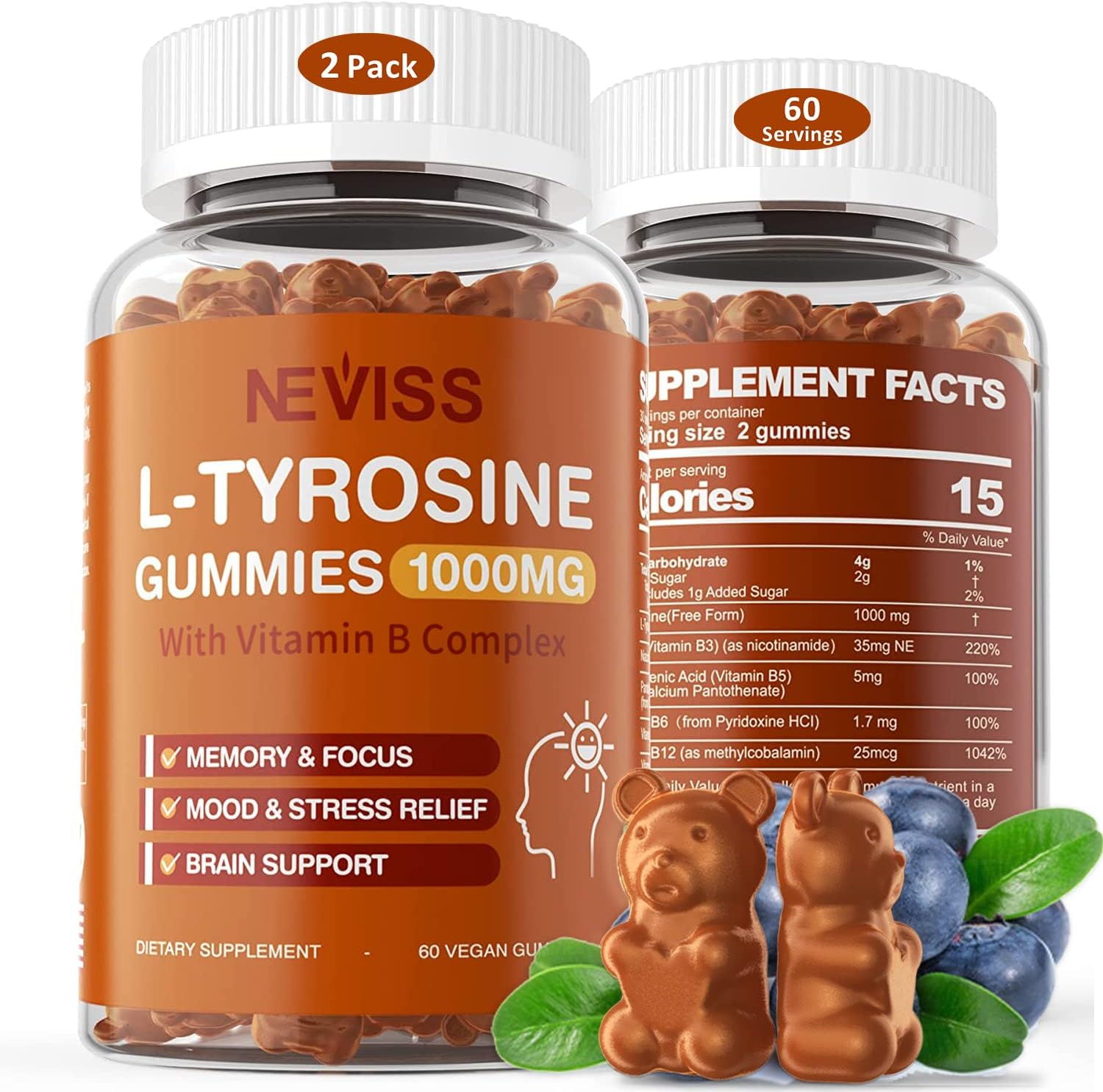 Комплекс L-тирозин с Витаминами группы В NEVISS, 2 упаковки по 60 таблеток vitables жевательная добавка для укрепления детского иммунитета со вкусом тропических ягод 90 вегетарианских жевательных таблеток