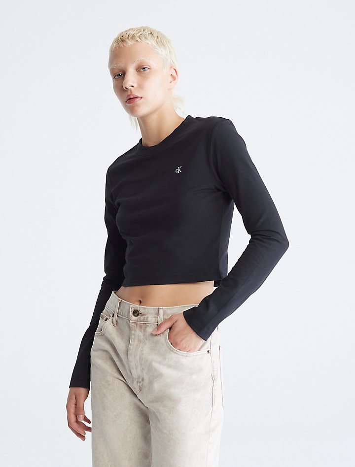 Укороченный топ с длинными рукавами и логотипом Monogram Calvin Klein, черный платье из джерси с длинным рукавом calvin klein jeans ck черный