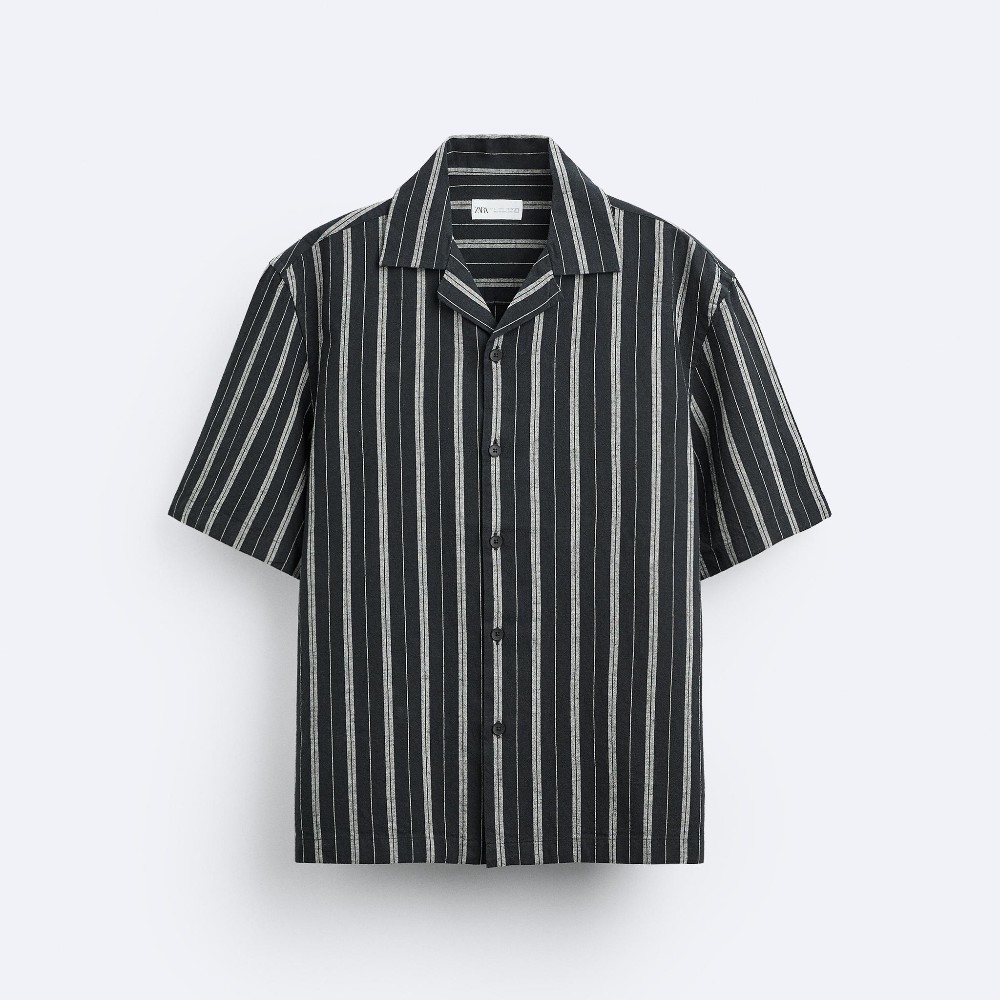 Рубашка Zara Striped Cotton - Linen, черный/белый рубашка zara kids striped linen blend синий белый