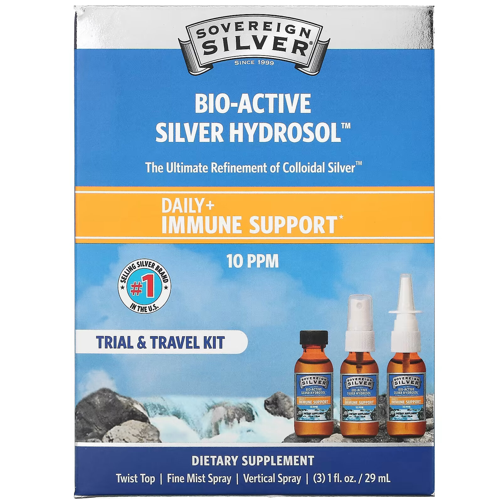 Sovereign Silver, Bio-Active Silver Hydrosol, Daily + Immune Support, Trial & Travel Kit, 10 част. / Млн, 3 шт., По 29 мл (1 жидк. Унция) sovereign silver bio active silver hydrosol daily immune support trial