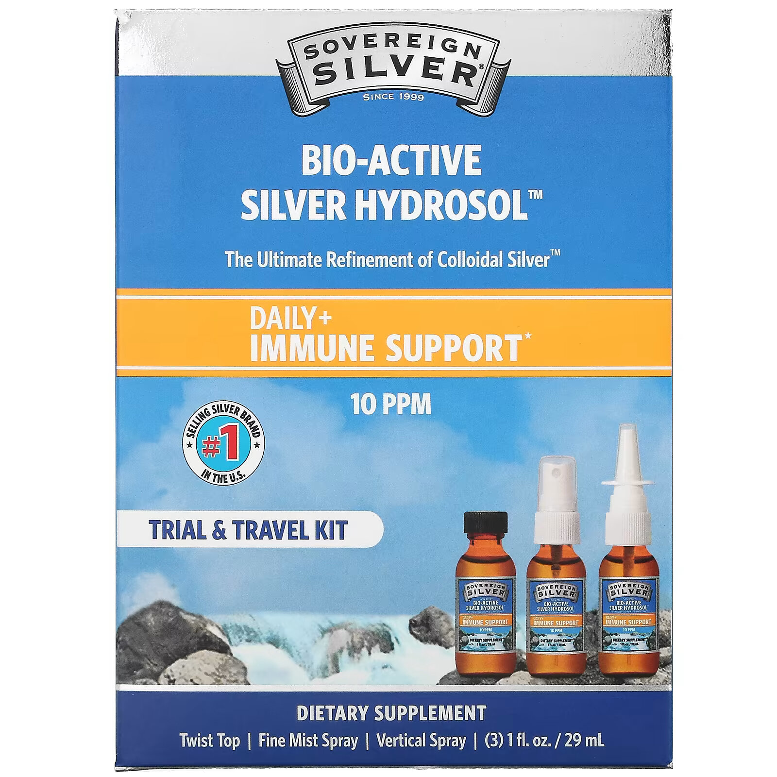 

Sovereign Silver, Bio-Active Silver Hydrosol, Daily + Immune Support, Trial & Travel Kit, 10 част. / Млн, 3 шт., По 29 мл (1 жидк. Унция)