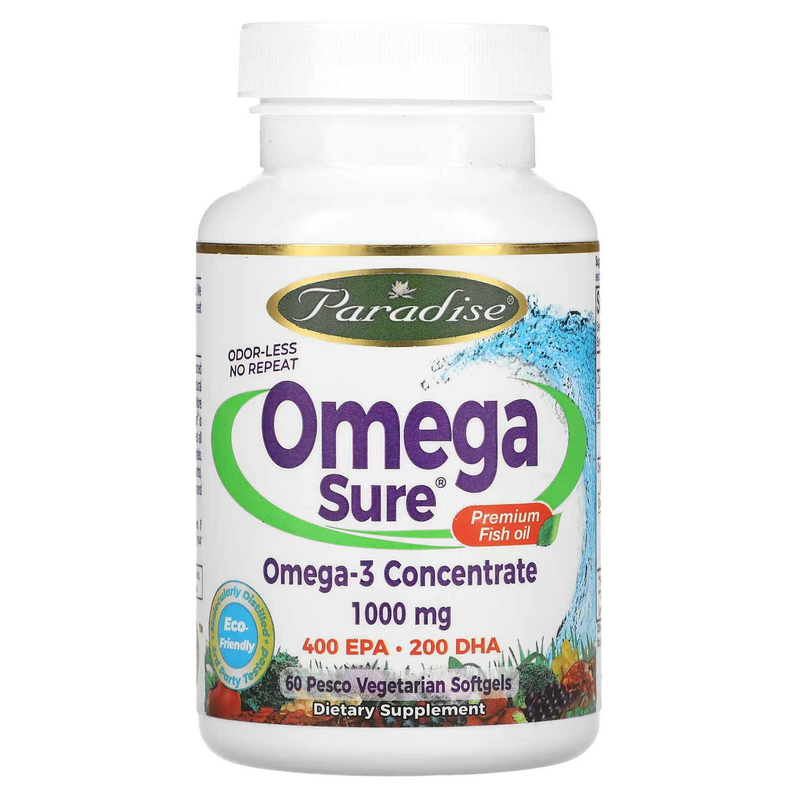 Paradise Herbs, Omega Sure, концентрат омега-3, 1000 мг, 60 вегетарианских капсул (из рыбного желатина) paradise herbs omega sure концентрат омега 3 1000 мг 60 вегетарианских капсул из рыбного желатина