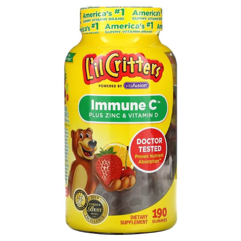 Витамин C с цинком и витамином D L'il Critters, 190 жевательных мармеладок l il critters витамин d3 для поддержки костей со вкусом натуральных фруктов 190 жевательных мармеладок
