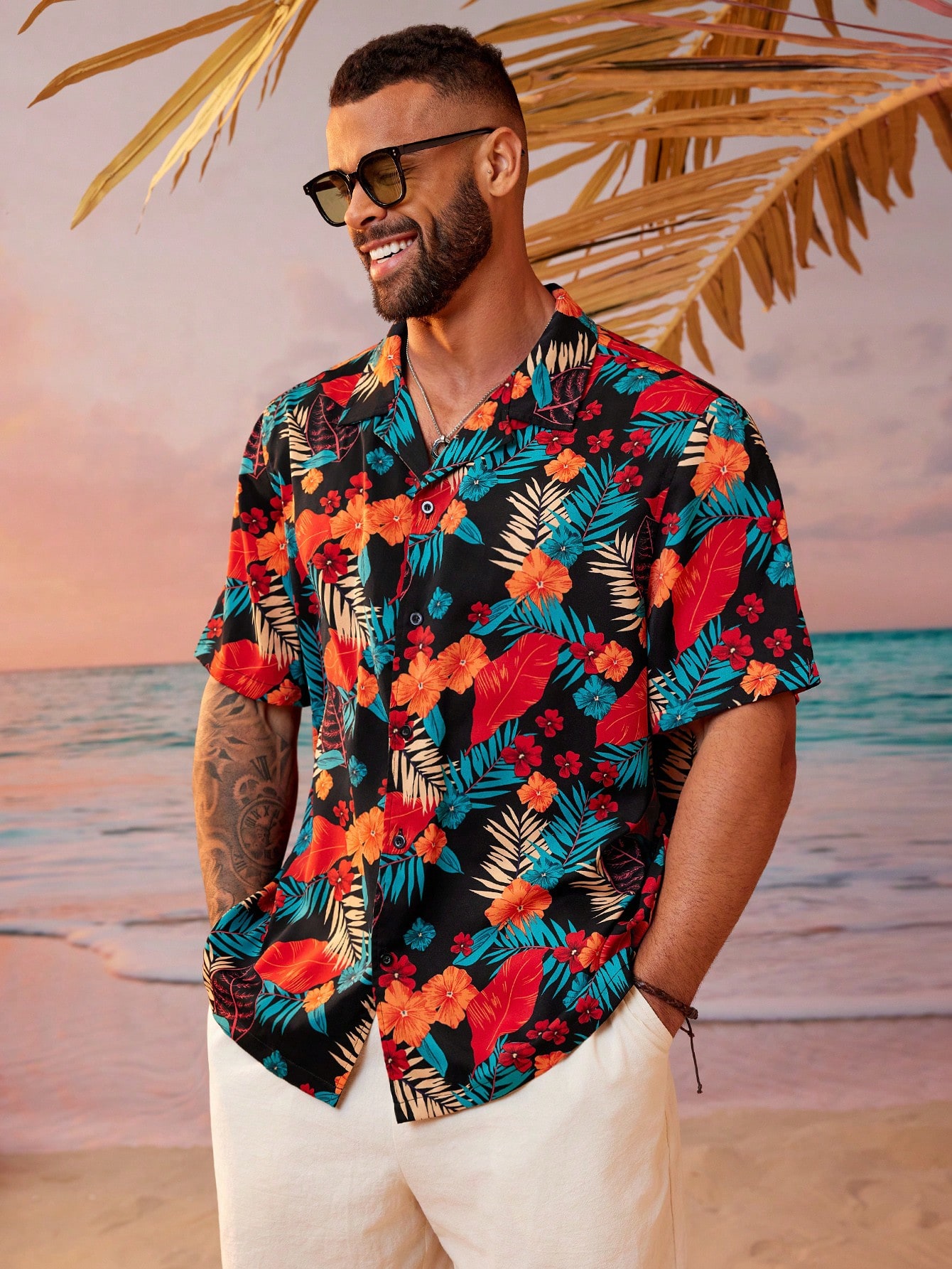 Manfinity RSRT Мужская тканая повседневная рубашка на пуговицах с коротким рукавом больших размеров с цветочным принтом, многоцветный цена и фото