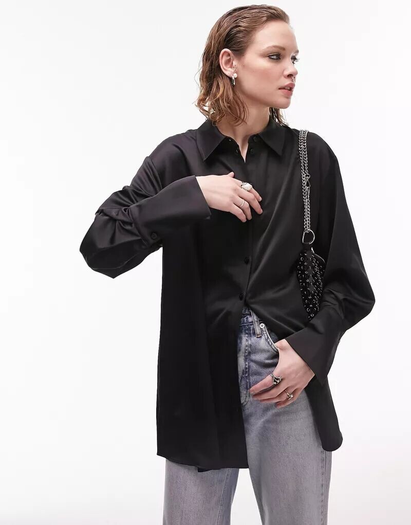 

Черная атласная рубашка с длинными рукавами Topshop, Черный