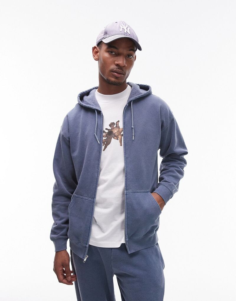 

Синяя толстовка на молнии с эффектом потертости Topman Vintage