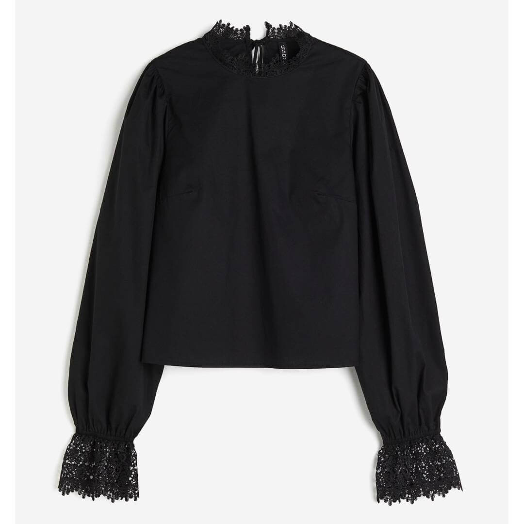 

Топ с кружевной отделкой H&M Poplin, черный