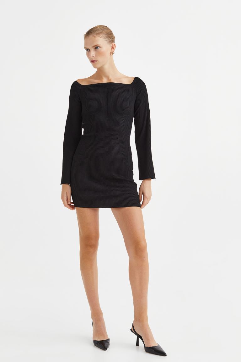 Короткое облегающее платье H&M, черный облегающее платье из трикотажа в рубчик h