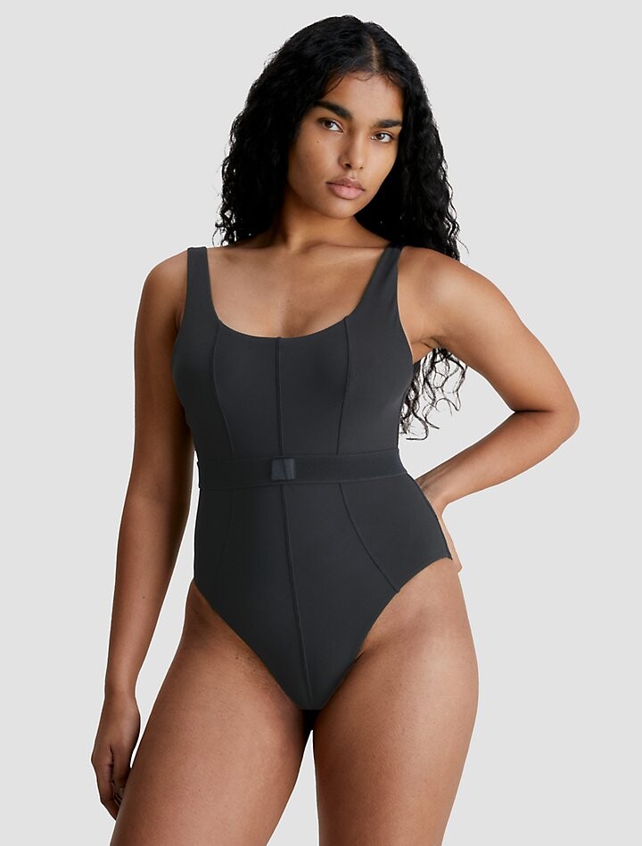 

Слитный купальник в рубчик с монограммой CK Calvin Klein, черный