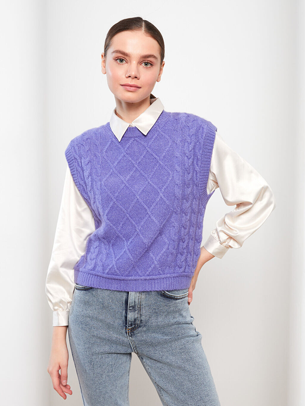 

Женский свитер с круглым вырезом и узором LCW Modest, Синий