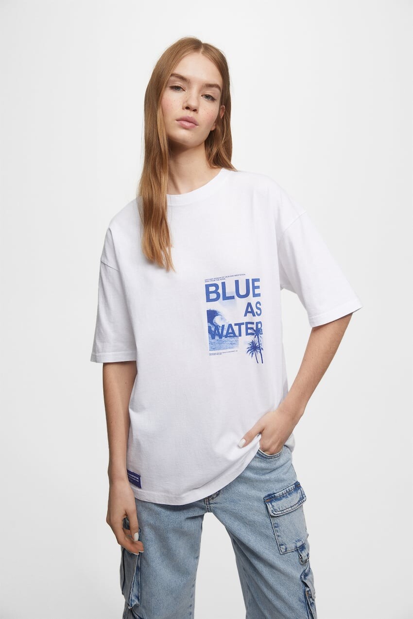 

Футболка с короткими рукавами и принтом Pull&Bear, белый