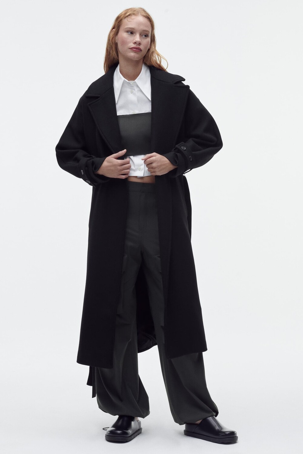 

Шерстяное пальто с поясом ZARA, черный