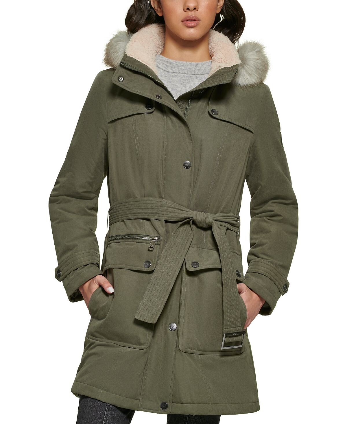 

Женский анорак с капюшоном и отделкой из искусственного меха с поясом DKNY