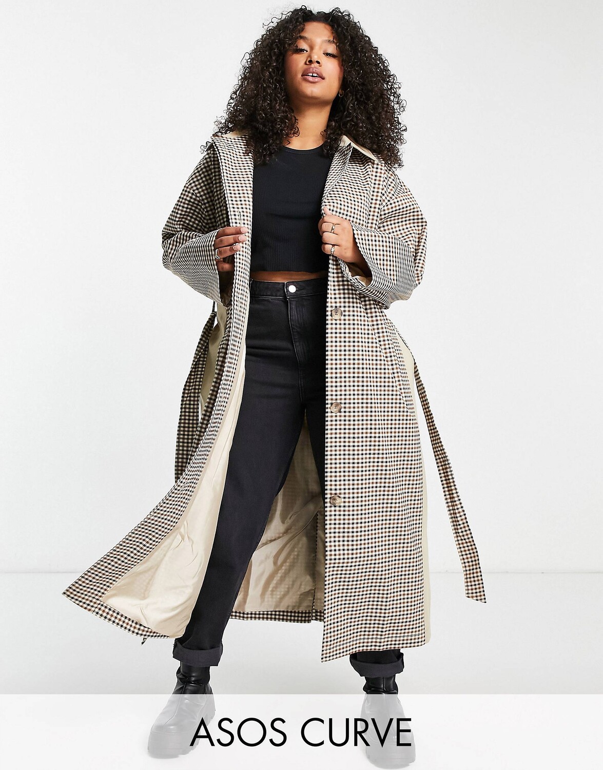 

Тренч в каменную клетку ASOS DESIGN Curve