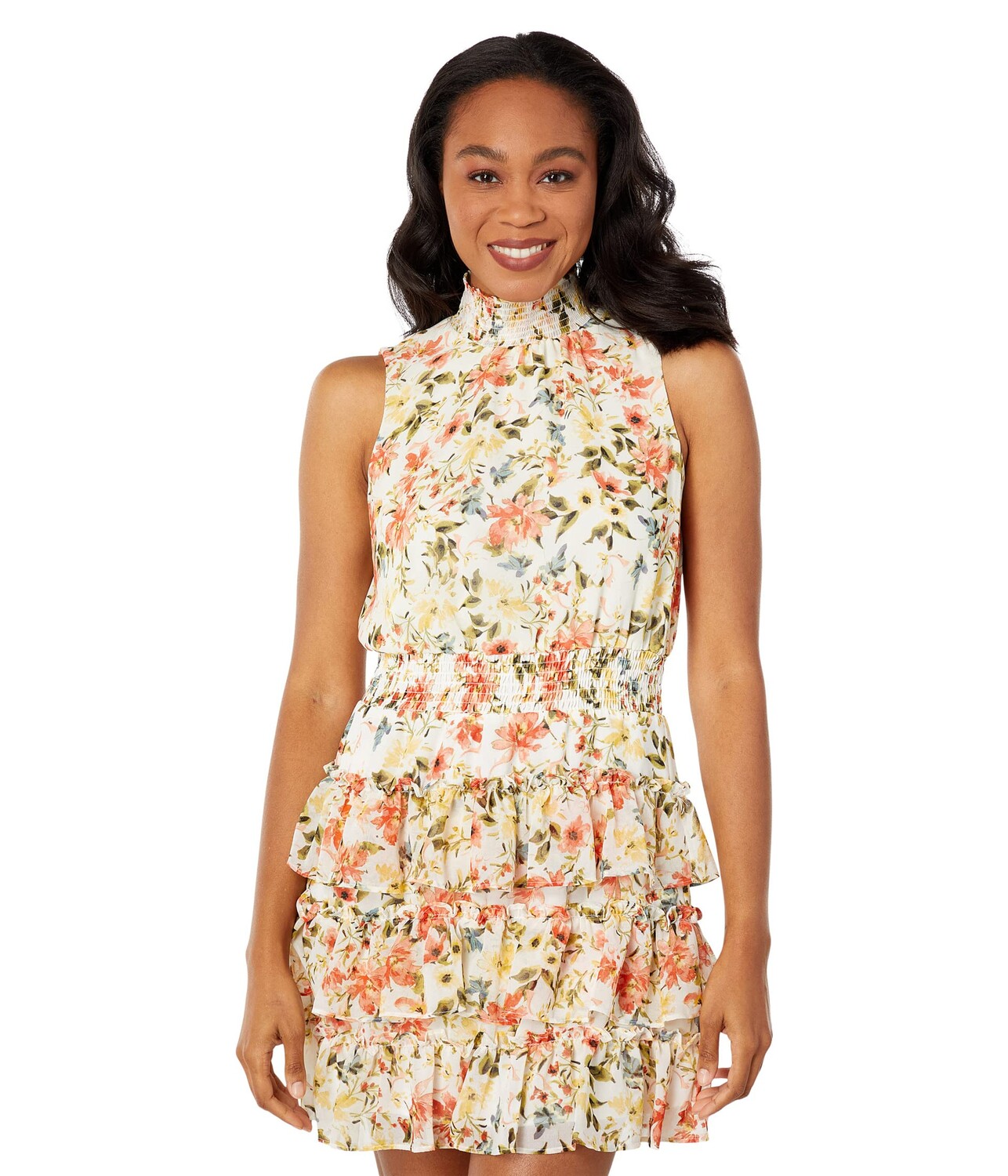 

Платье 1.STATE, Short Sleeve Printed Smocked Neck Dress with Ruffle Tiered Skirt