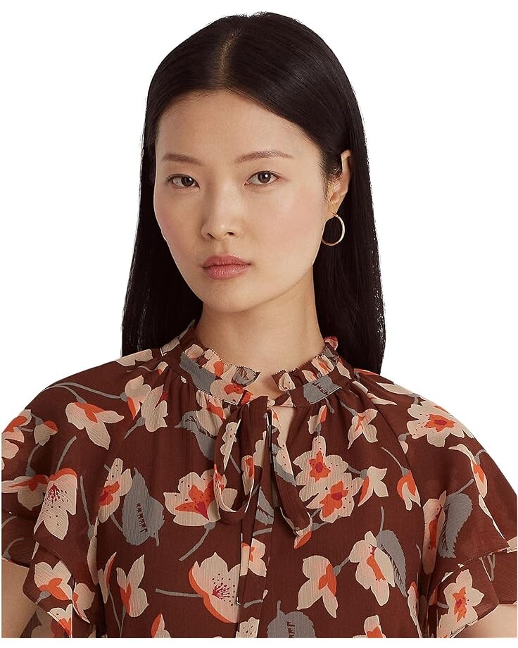 

Блуза LAUREN Ralph Lauren Floral Crinkle Georgette Tie Neck Blouse, цвет Maroon/Orange/Cream