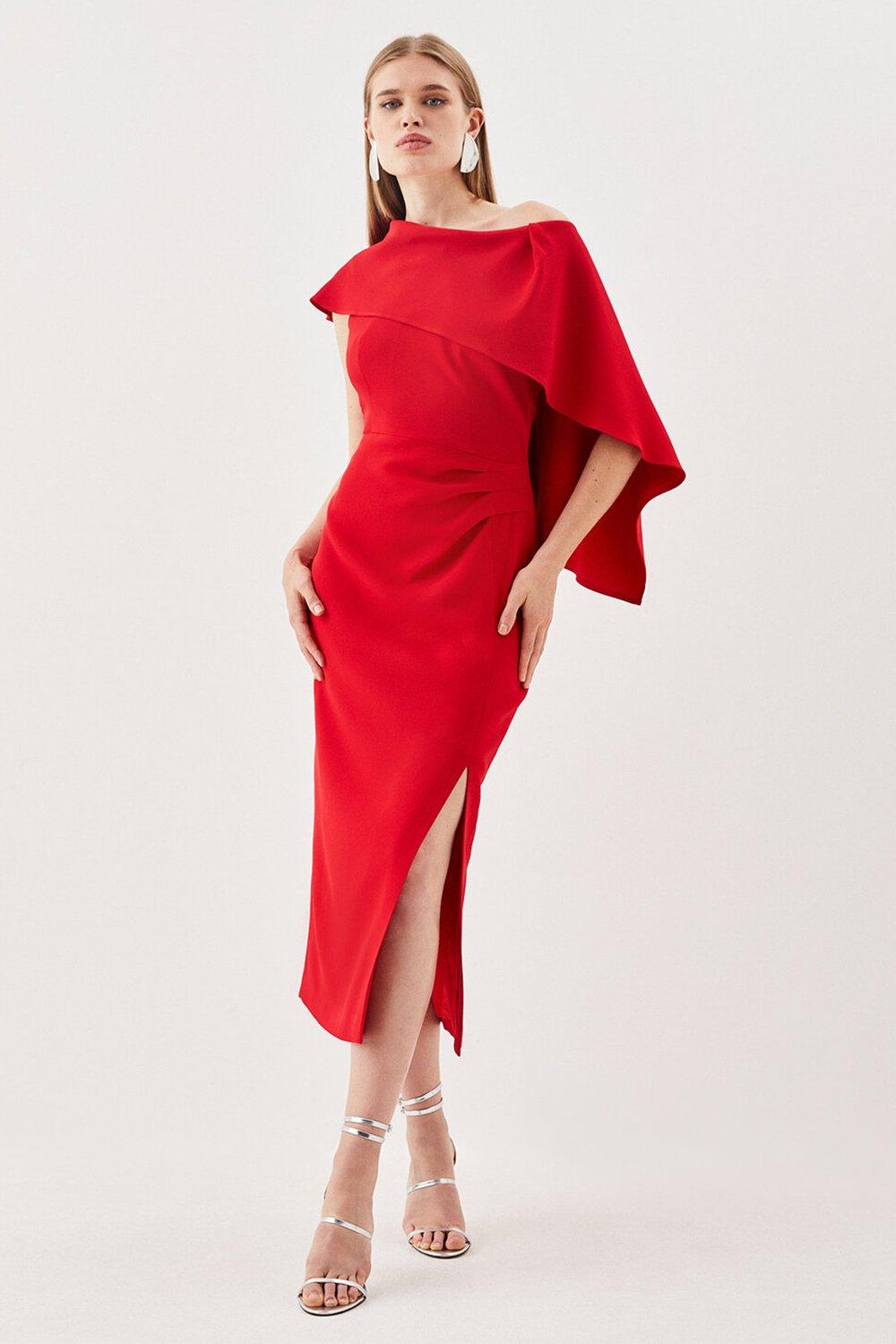 Компактное приталенное платье миди на одно плечо из эластичной вискозы с драпировкой Karen Millen, красный платье миди из полированной вискозы с драпировкой на талии и бандо karen millen белый