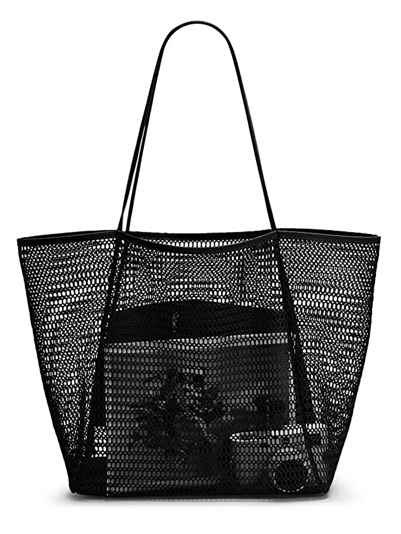 женская пляжная сумка для камеры складная сумка через плечо сумка для покупок льняная повседневная многоразовая сумка тоут с принтом Пляжная сетчатая сумка-тоут, черный