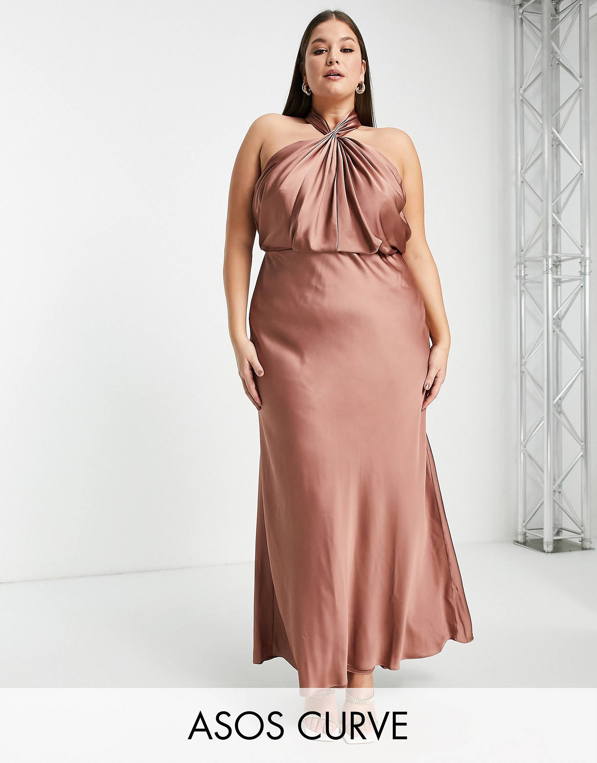 Розовое атласное платье макси с рюшами на шее ASOS EDITION Curve