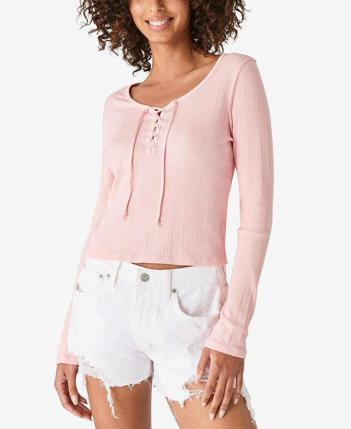 

Топ с длинными рукавами и шнуровкой в ​​рубчик Lucky Brand, мульти