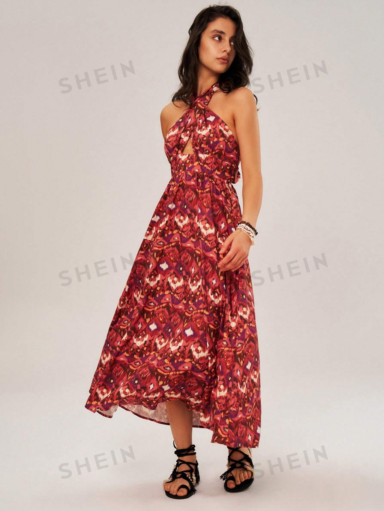 SHEIN BohoFeels Женское отпускное платье с открытой спиной и принтом, многоцветный