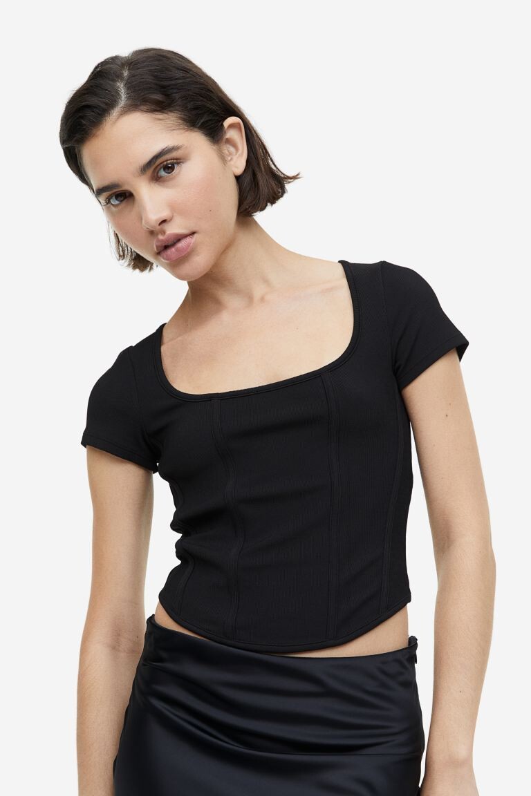 

Топ в рубчик в корсетном стиле H&M, черный