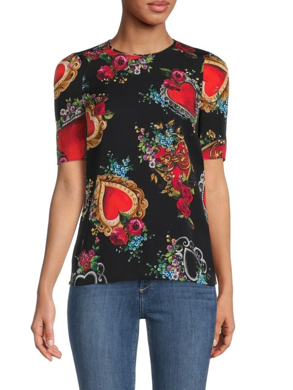 

Эластичный шелковый топ с сердечками и цветочным принтом DOLCE&GABBANA Multi
