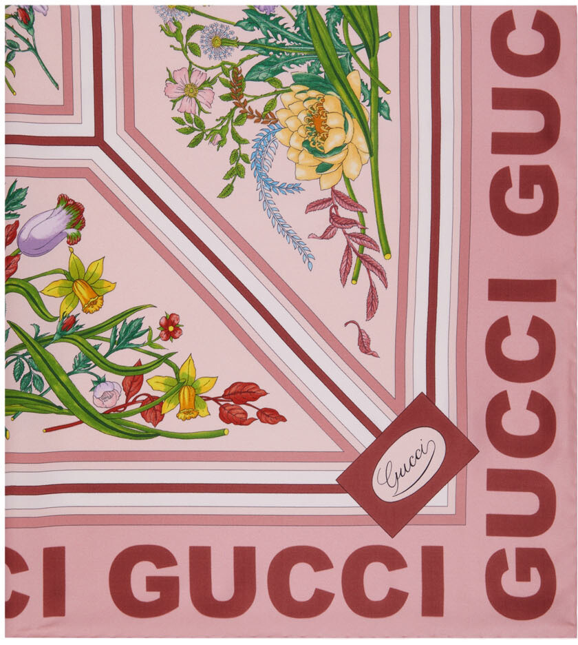 

Розовый шелковый шарф с цветочным принтом Gucci