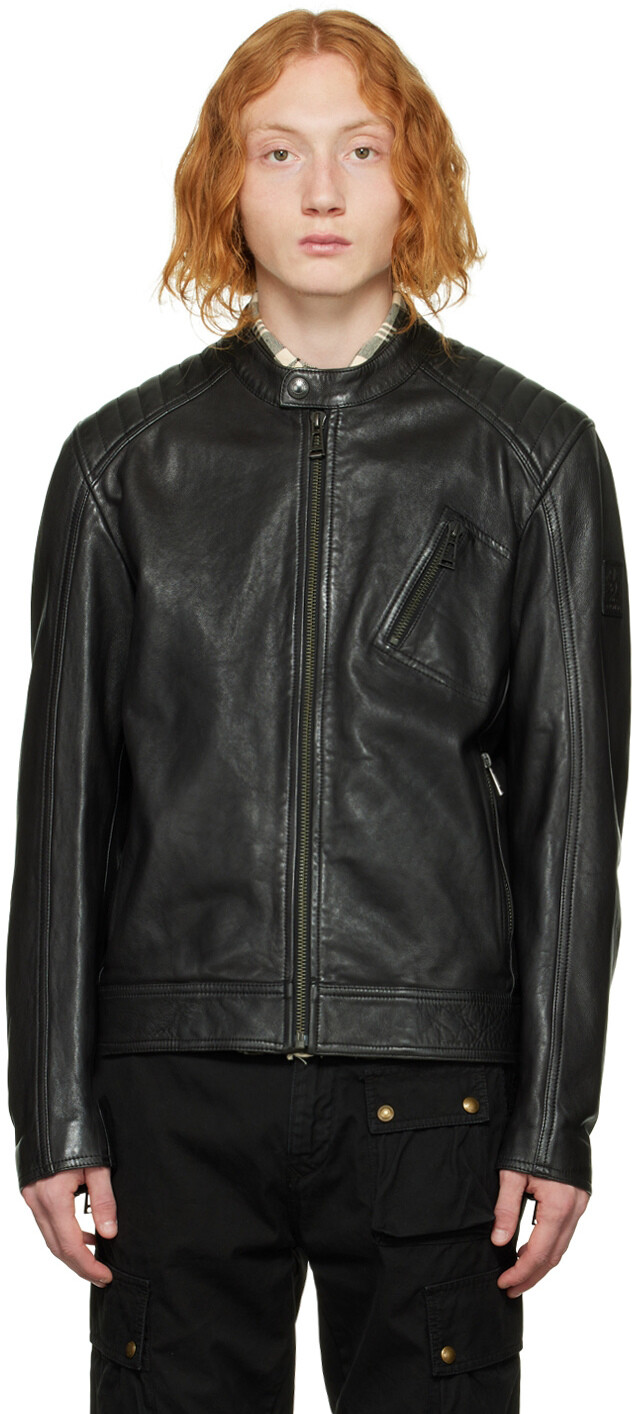 

Черная кожаная куртка с V-образным вырезом Belstaff