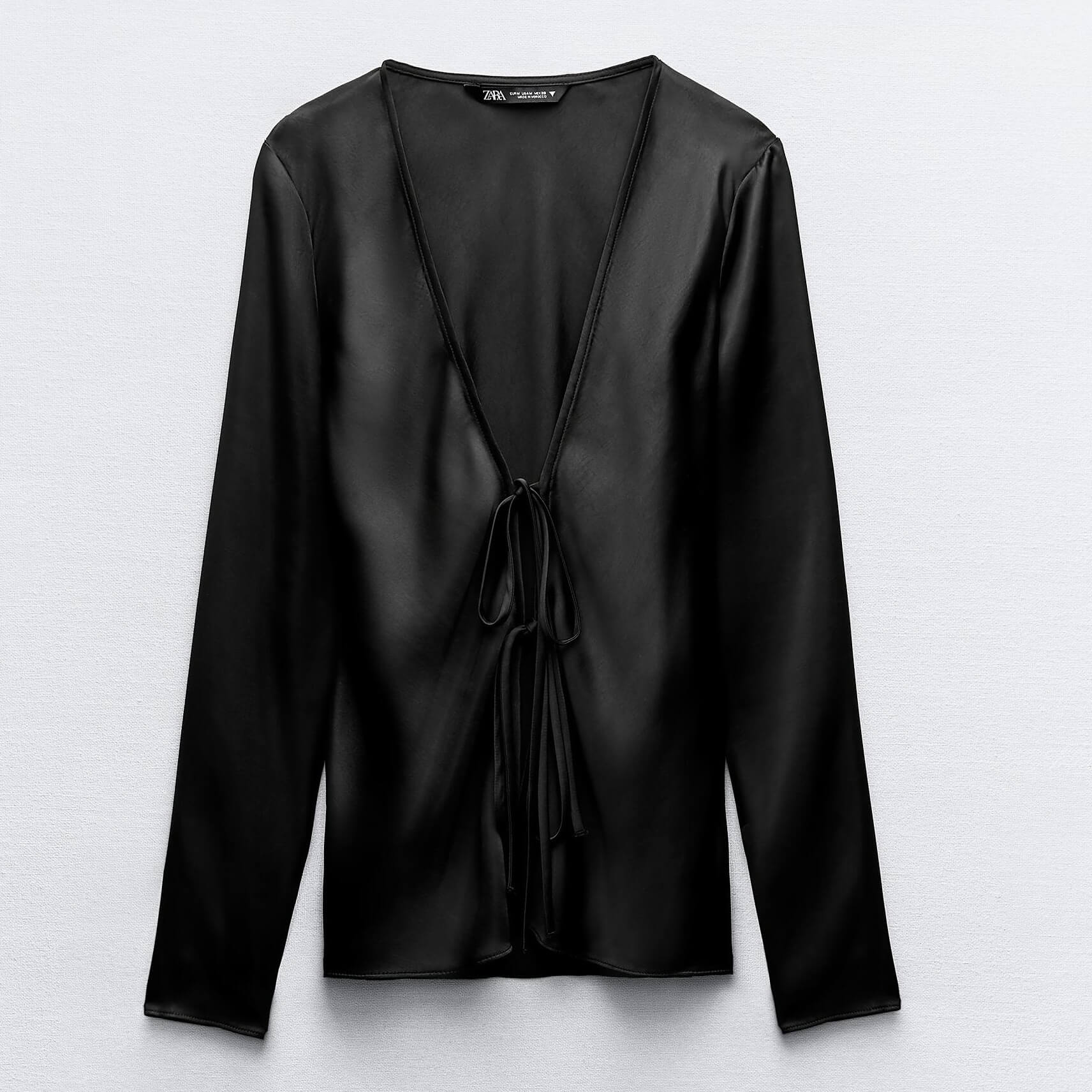 Блузка Zara Satin With Ties, черный блузка с v образным вырезом и длинными рукавами 46 fr 52 rus синий