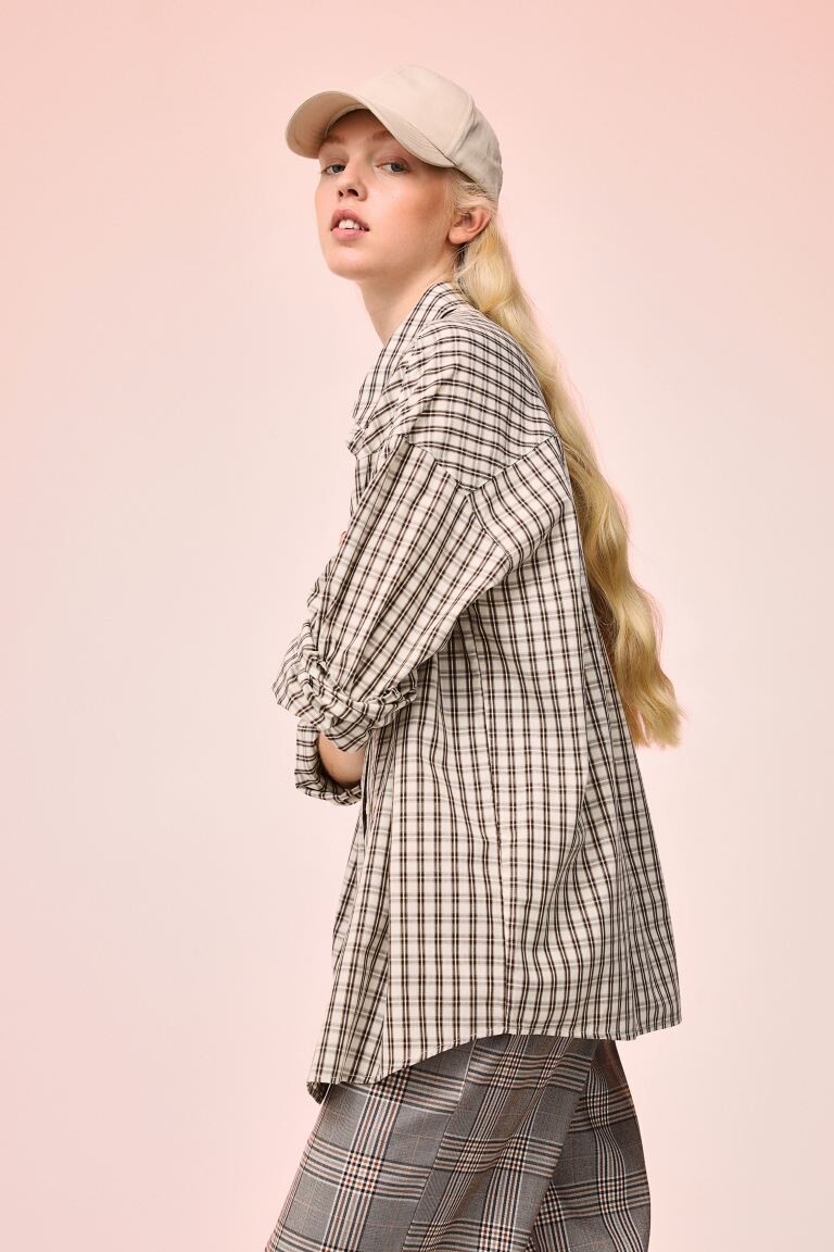 

Хлопковая рубашка оверсайз H&M, светло-бежевый/клетка