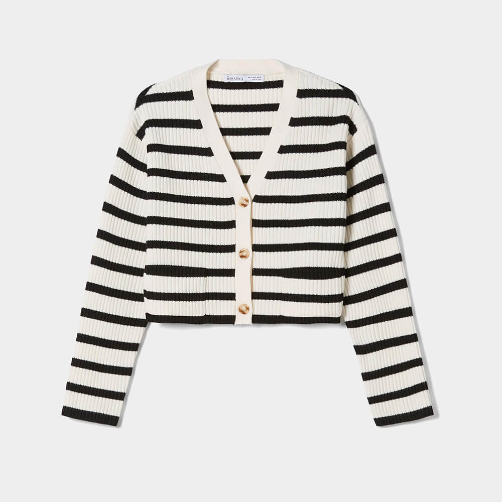 

Кардиган Bershka Striped Ribbed, кремовый/черный