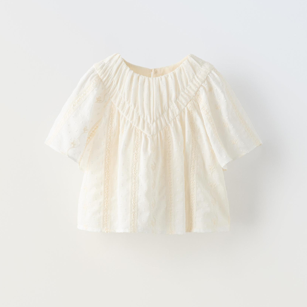 Блузка Zara Embroidered, экрю романтическая блузка zara экрю