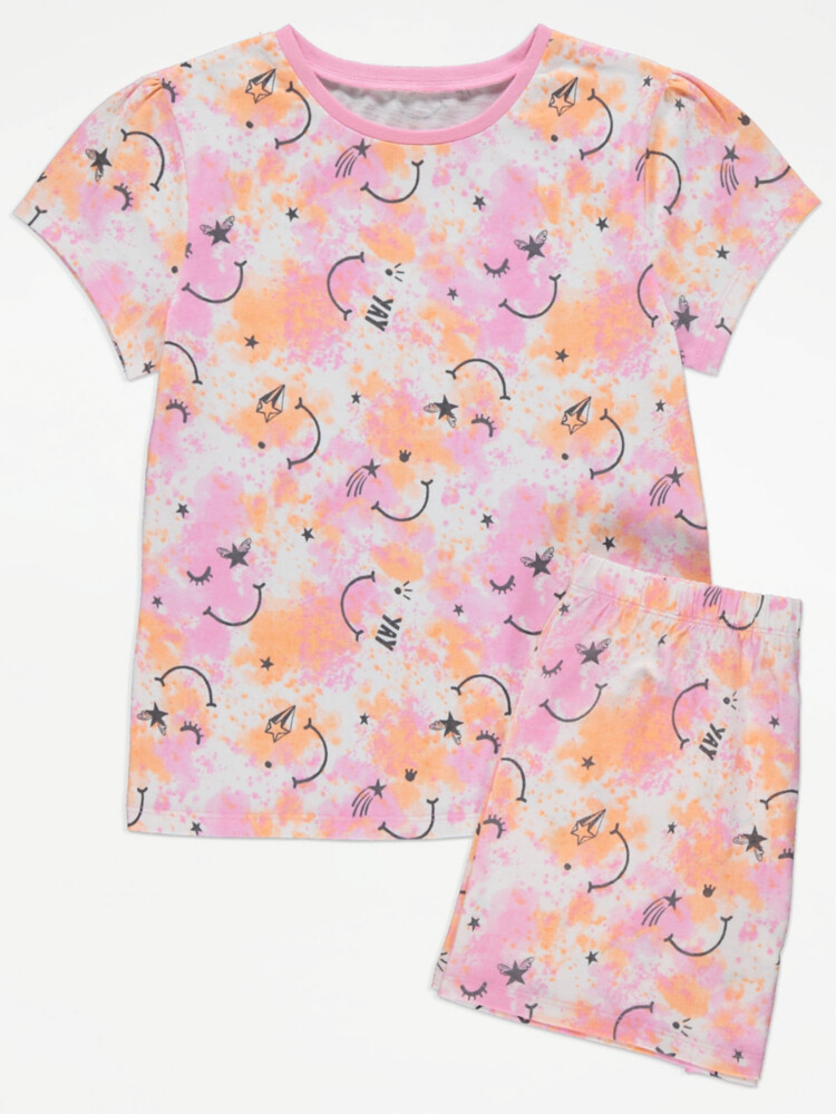

Розовая короткая пижама со смайликом Tie Dye George., розовый