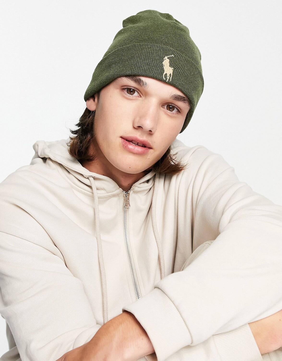 

Оливково-зеленая шапка-бини из хлопка пима Polo Ralph Lauren с логотипом