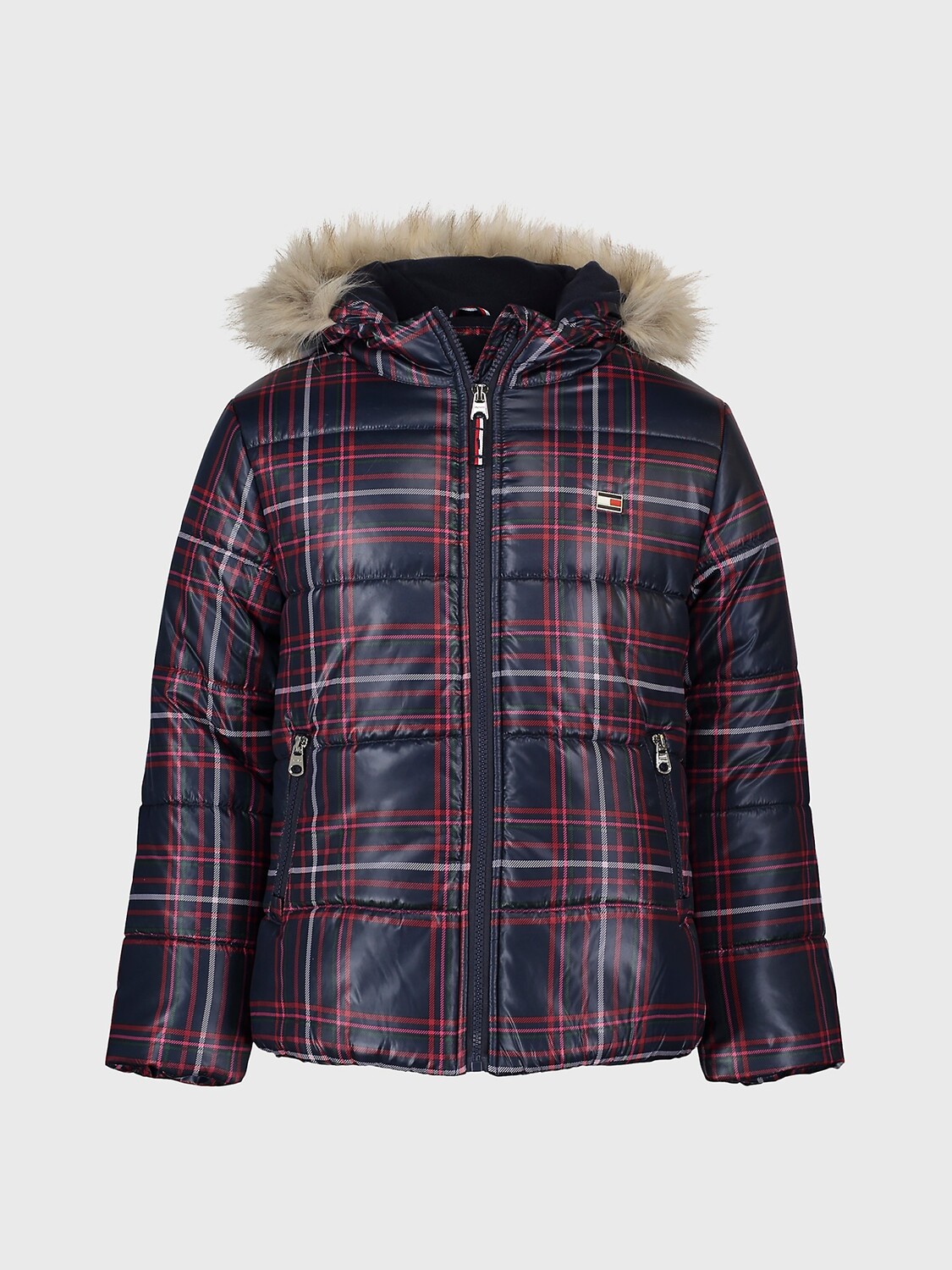 

Пуффер в клетку с капюшоном для больших детей Tommy Hilfiger, плавать военно-морской флот