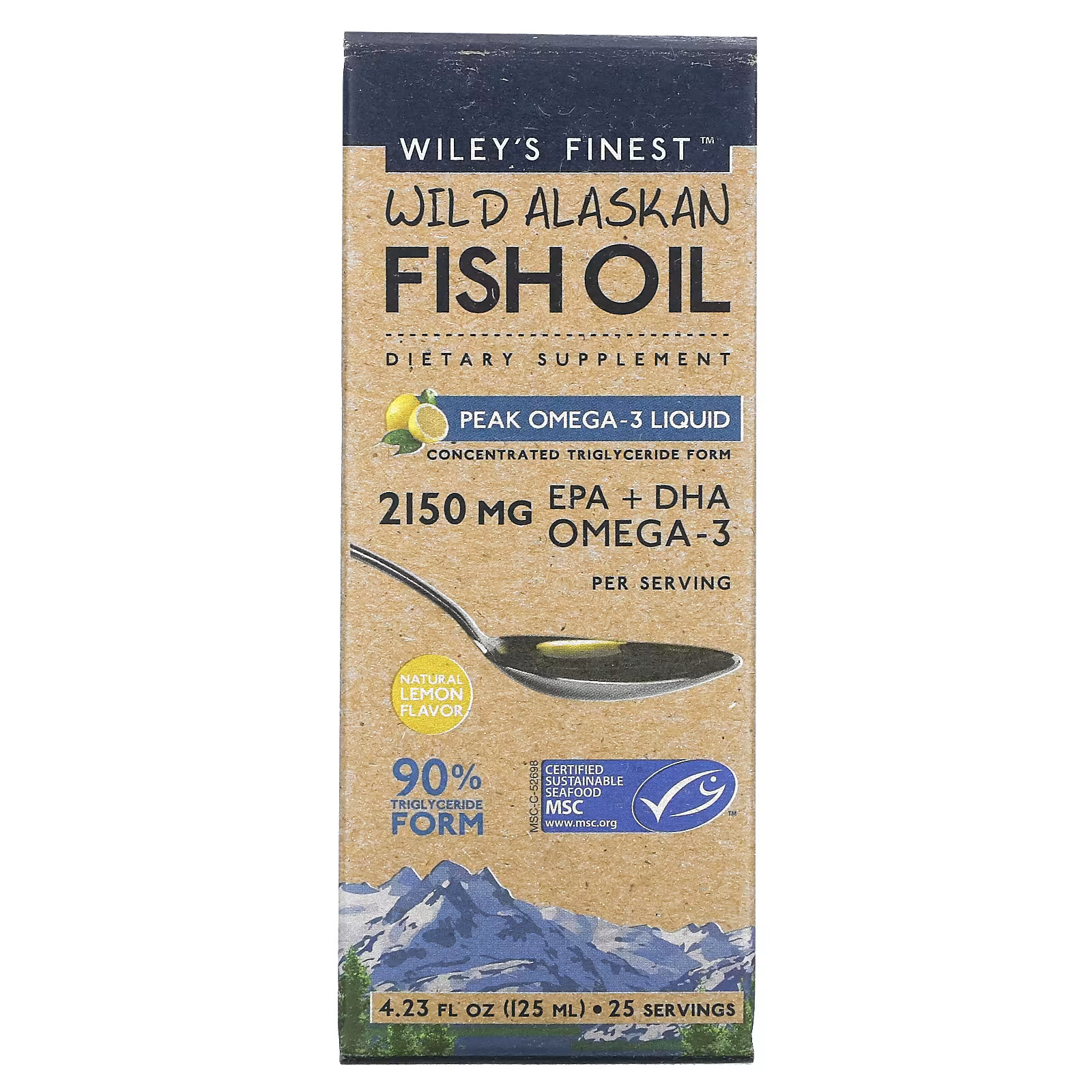 Wiley's Finest, рыбий жир из дикой рыбы Аляски, жидкий, с максимальным содержанием омега-3, натуральный лимонный вкус, 2150 мг, 125 мл (4,23 жидк. унций)